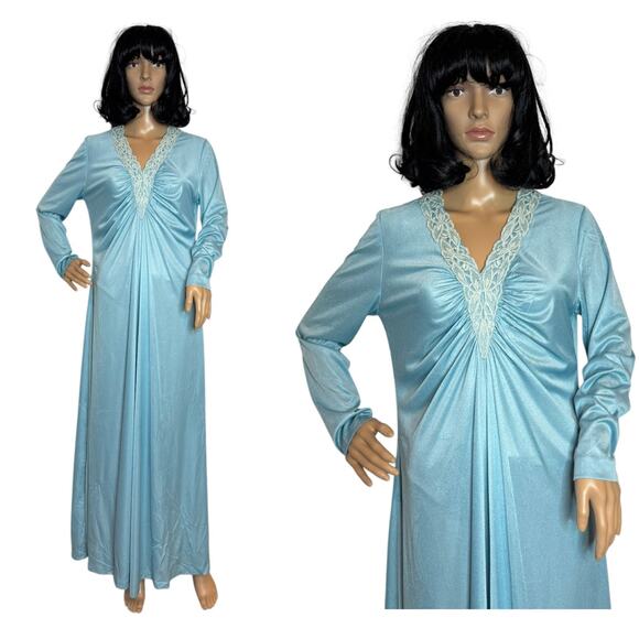 Vintage Dresses & Skirts - Vintage 60's OOAK unbranded laced V neck blue long sleeved maxi dress small